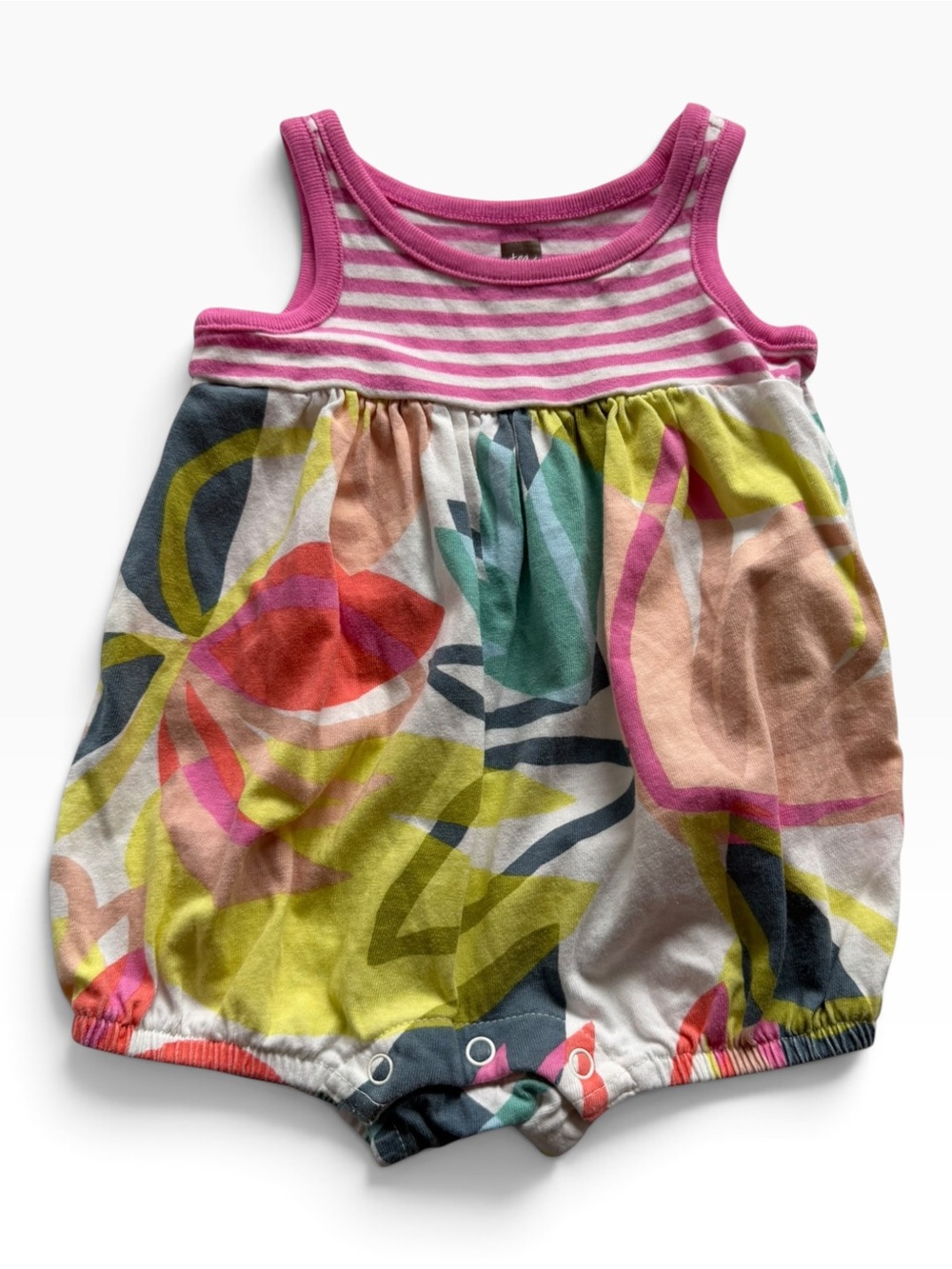 Tea Collection Pink and White Striped Baby Romper with Multicolor Skirt